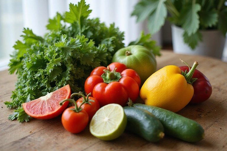 Φρέσκα υγιεινά τρόφιμα, λαχανικά και φρούτα στο τραπέζι, σύμβολο υγιεινής διατροφής και ευεξίας.