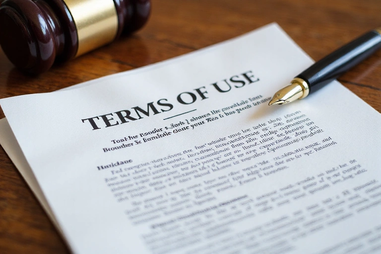 Εικόνα που απεικονίζει νομικά έγγραφα και ένα στυλό, συμβολίζοντας τους όρους χρήσης και τις συμφωνίες.